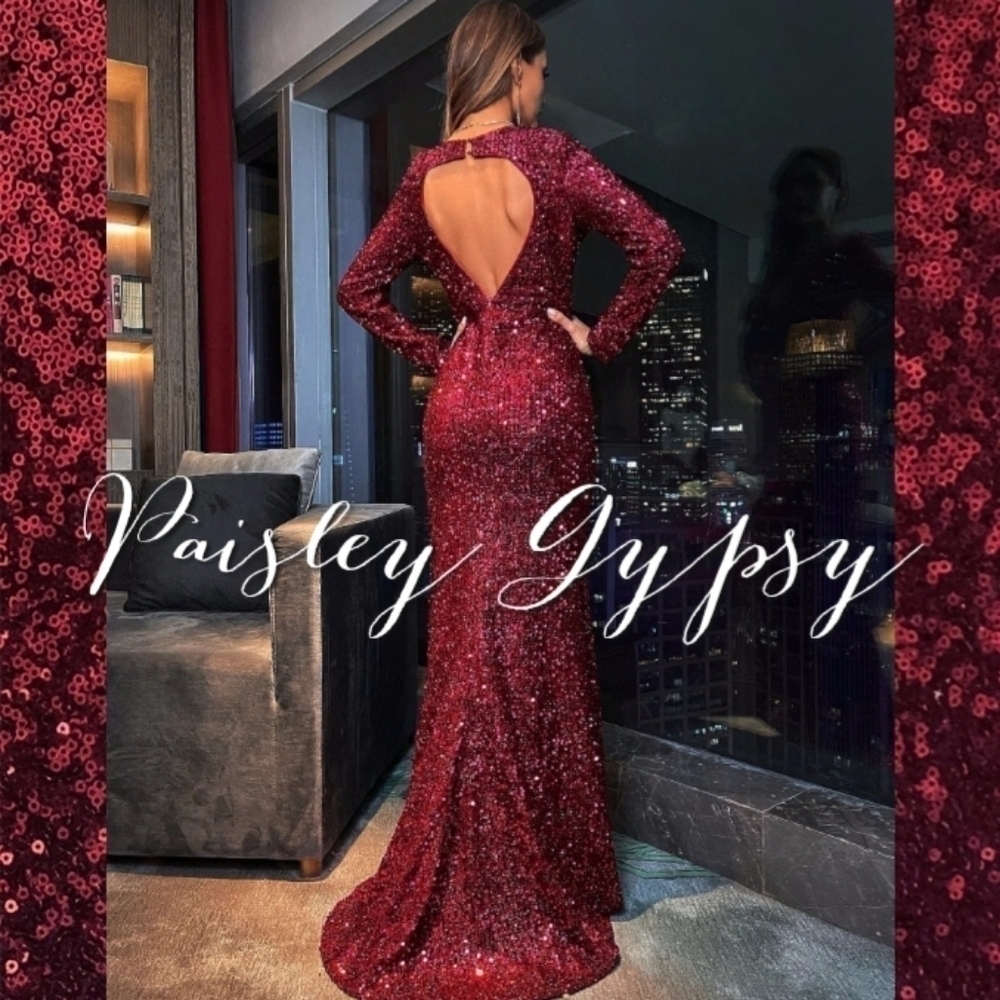 Maroon Sequined Ball Gown for Special Events - Picture 2 of 13